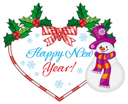 Heart-shaped holiday label with snowman and greeting text: "Happy New Year!".