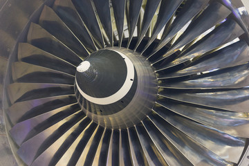 Turbine blades jet engine aircraft closeup. Industrial