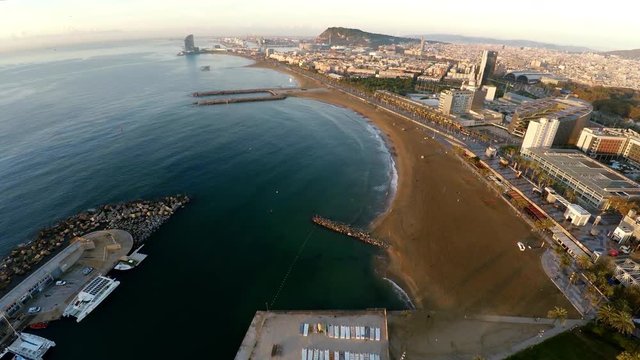Aerial view. Barcelona. Architecture, buildings and streets. Coastline. Spain. ProRess. 4K.
