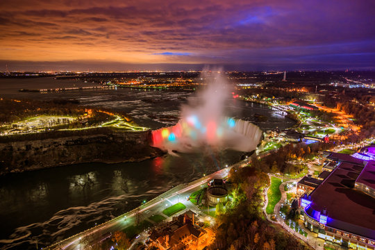 Bird View of Niagara Falls Canada and America during sunset