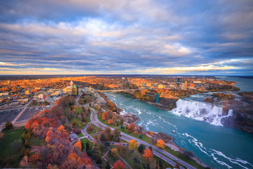 Bird View of Niagara Falls Canada and America during sunset