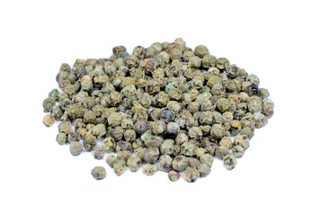 Green peppercorns on white background