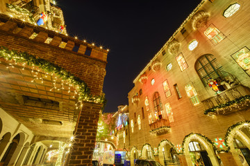 Exterior of the Historical Mission Inn during twilight