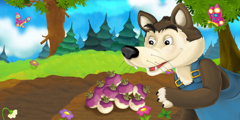 Cartoon scene with happy wolf on the meadow - illustration for children