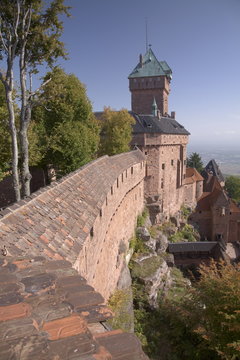 Haut-Koenigsbourg Castle, view of the exterior wall and keep overlooking the Alsace plain, from the grand bastion, Haut Rhin, Alsace, France