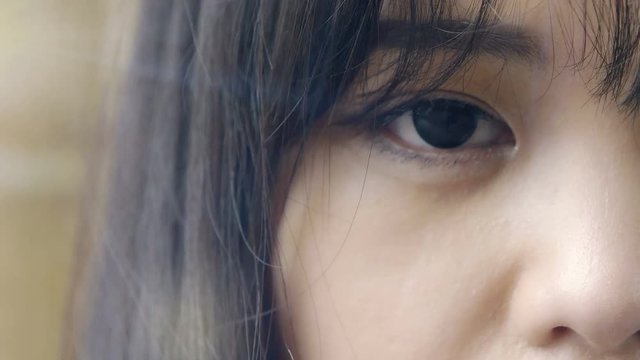 close up portrait on chinese young woman's eye