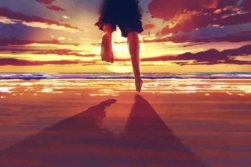 Tafelkleed man feet running on the beach at sunrise,illustration painting © grandfailure