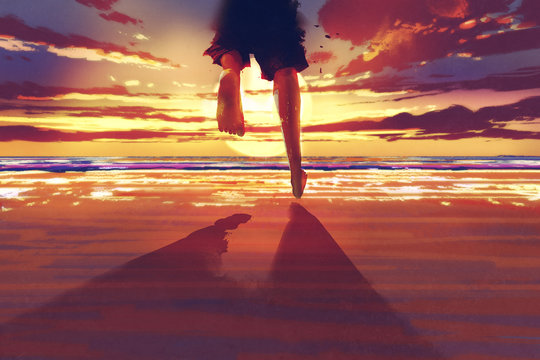 man feet running on the beach at sunrise,illustration painting