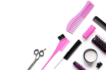 preparations for styling hair on white background top view