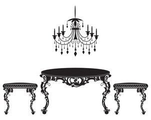 Vintage Baroque luxury ornamented furniture set. Imperial style chairs and table. Vector sketch