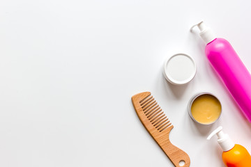 womens haircare spa in bottle on white background top view