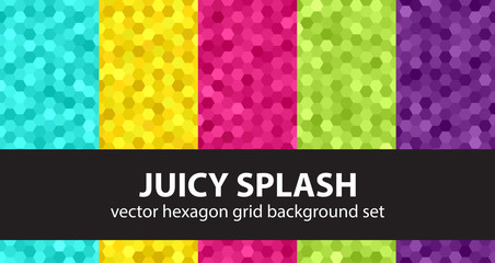 Hexagon pattern set "Juicy Splash". Vector seamless backgrounds