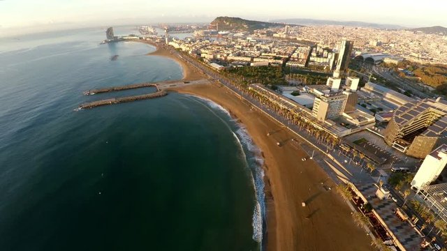 Aerial view. Barcelona. Architecture, buildings and streets. Coastline. Spain. ProRess. 4K.
