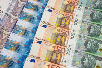 GBP EURO PLN and CHF banknotes