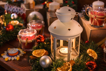 Christmas lantern and decorations closeup background.Christmas wallpaper
