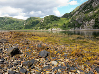 Fototapeta premium Barrisdale Bay, moss and pebble beach, clear water surrounded by mountains and blue skies. Mallaig, near Inverness, Scotland, UK.