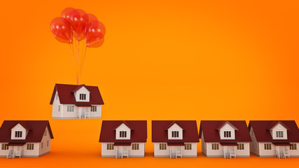 Balloons Raising Up an House Isolated. 3d rendering