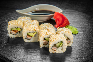 sushi and rolls with fresh fish, Japanese cuisine with fresh seafood