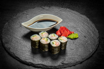 sushi and rolls with fresh fish, Japanese cuisine with fresh seafood