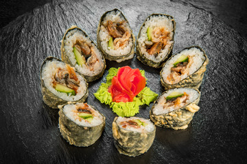 sushi and rolls with fresh fish, Japanese cuisine with fresh seafood