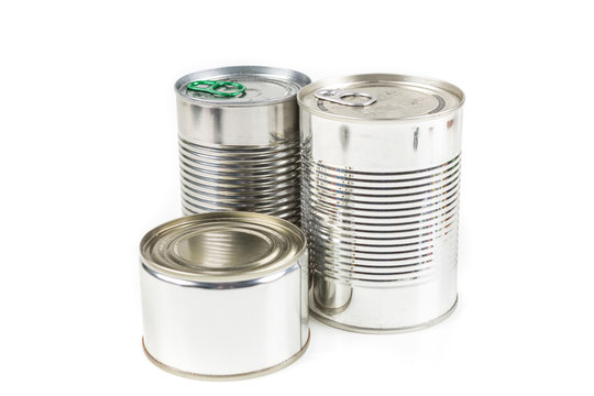 Three tin cans isolated on white background