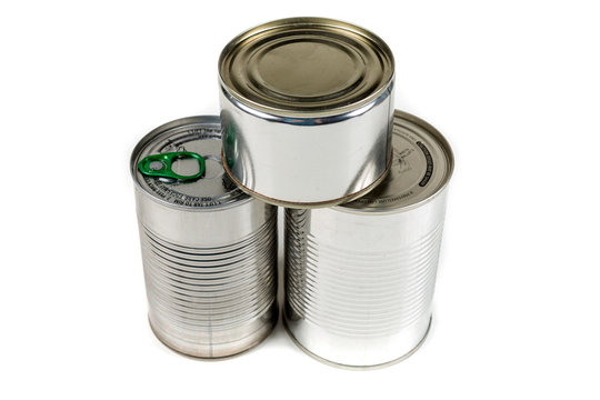 Three tin cans isolated on white background
