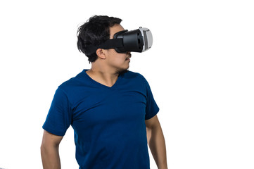 Asian Man wearing virtual reality on white background, include c