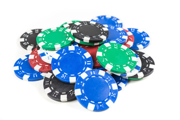 Pile of poker chips isolated on white background