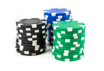 Stacks of poker chips isolated on white background
