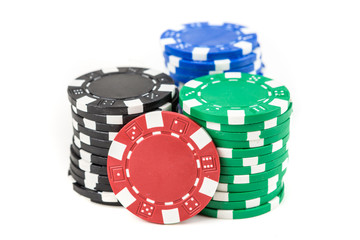 Stacks of poker chips isolated on white background