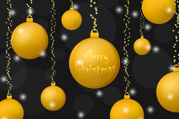 Xmas and New Year concept background. Gold christmas balls on shining black background. Vector illustrations