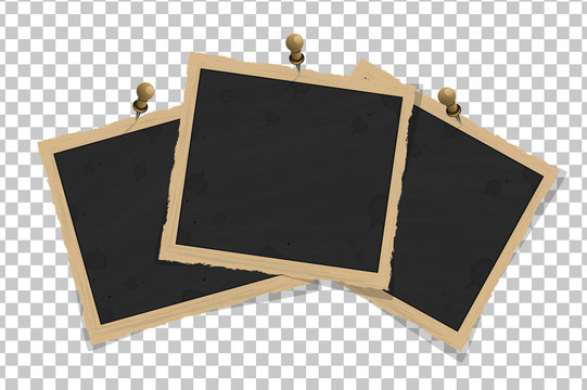 Set of square old vintage frames template on pins with shadows isolated on transparent background. Vector illustration