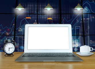 Workspace with computer laptop on the wood table with the window