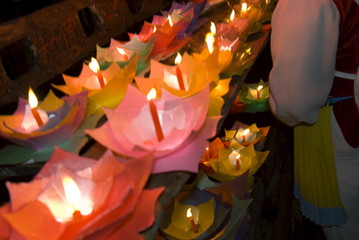 Selling floating prayer candles, night, Lijiang old town , Yunnan, China