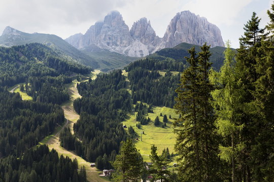 The dramatic Sassolungo mountains in the Dolomites near Canazei, Trentino-Alto Adige 