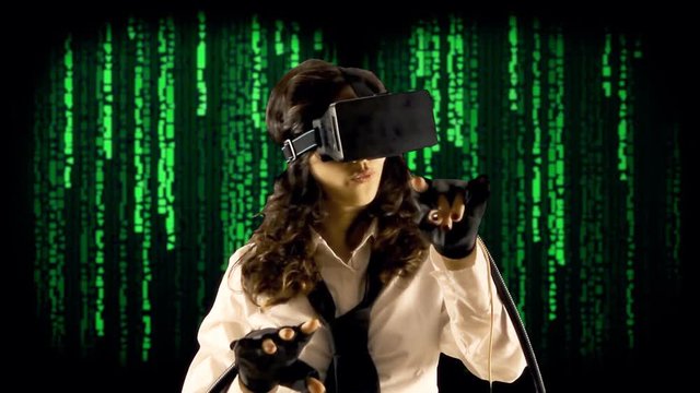 A girl wearing a virtual reality headset, wired gloves, interacting with what she sees. Background: random cuneiform characters falling down (code rain, a popular sci-fi movie effect).

