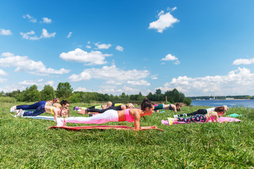 Group of fit women doing plank exercise, working on abdominal midsection muscles. Fitness girls core workout in nature.