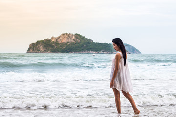 Fototapeta na wymiar Portrait of beauty young asian woman summer vacation on beach co