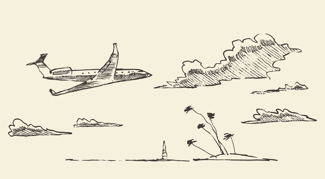 Drawn vacation airplane island vector sketch
