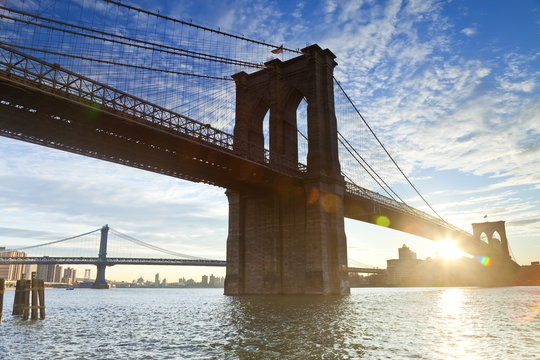 The Brooklyn and Manhattan Bridges spanning the East River, New York City, New York