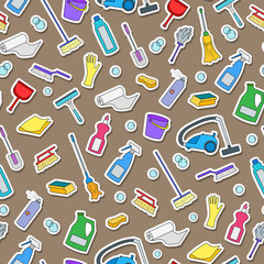 Seamless pattern on the theme of cleaning and household equipment and cleaning products,color icons on a brown background