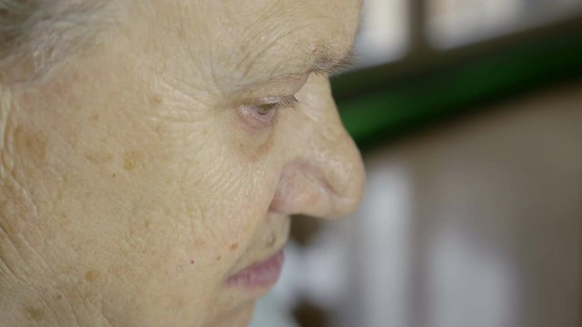 profile view of an ager grey-haired woman, home scene