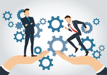 big hand holding businessman and gears background ,  business concept  