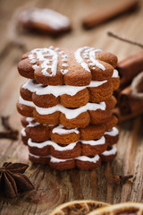 Christmas cookies prepared at home on a wooden table, close-up