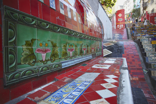 People on Selaron Steps (Escadaria Selaron), Lapa, Rio de Janeiro, Brazil 