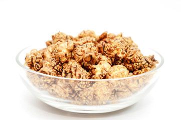 Chocolate Popcorn in a glass Bowl on white background for packag