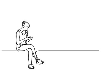 continuous line drawing of young woman sitting-and reading her c