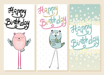 Collection of cute artistic cards for kids. Funny owls in vector. Greeting card for birthday.