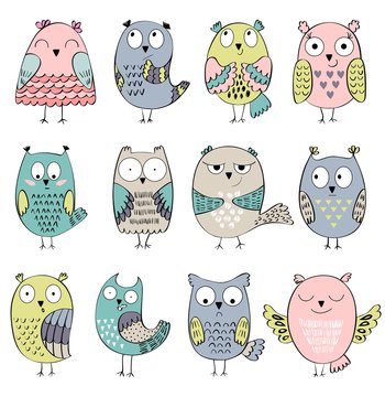 Set of cartoon owls with various emotions.