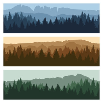Outdoor rocky landscape background with forest and mountains. Vector mountain peaks and trees panorama banners